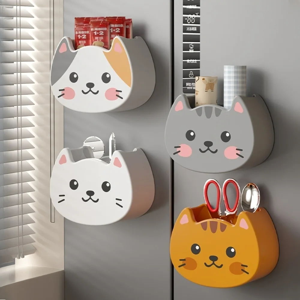 Cute Cat Magnetic Storage Box Refrigerator Organizer Wall Mounted No-Drill Holdet Kitchen Snacks Utensils Small Items Home Decor