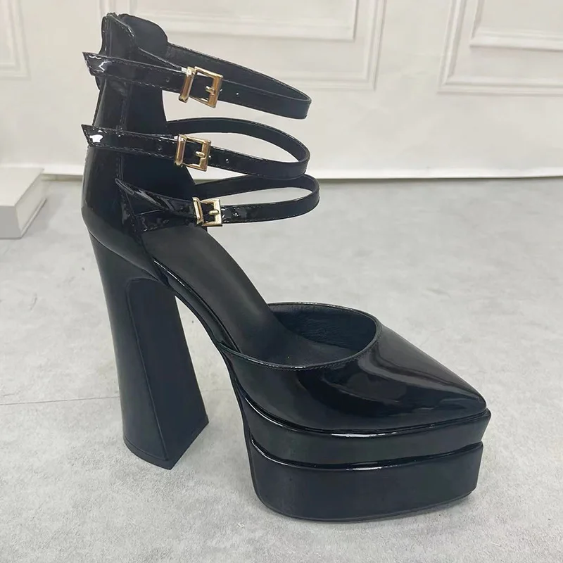 Women Summer 14cm Patent Leather Sandals Pointed Toe Hollow Out Platform Super High Chunky Heel Fashion Party Prom Stilettos