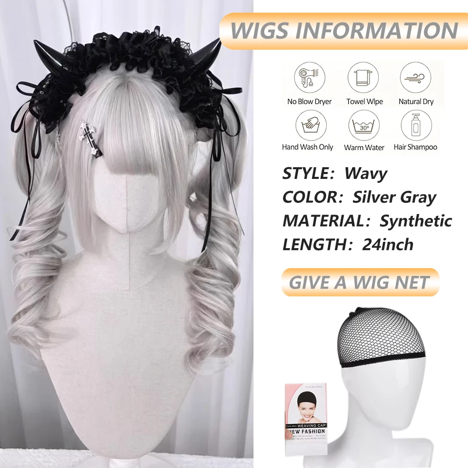 Silver Grey Long Wavy Synthetic Wig for Women with Bangs Curly Heat-Resistant Fiber Cosplay Wig for Halloween Costume Party Use
