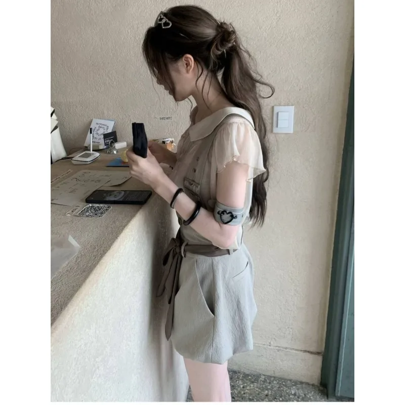 Vintage Y2k Harajuku Puff Sleeve 2 Piece Sets Women Bow Belt Sheer Tops Bubble High Waist Shorts Japanese Chic Daily Streetwears