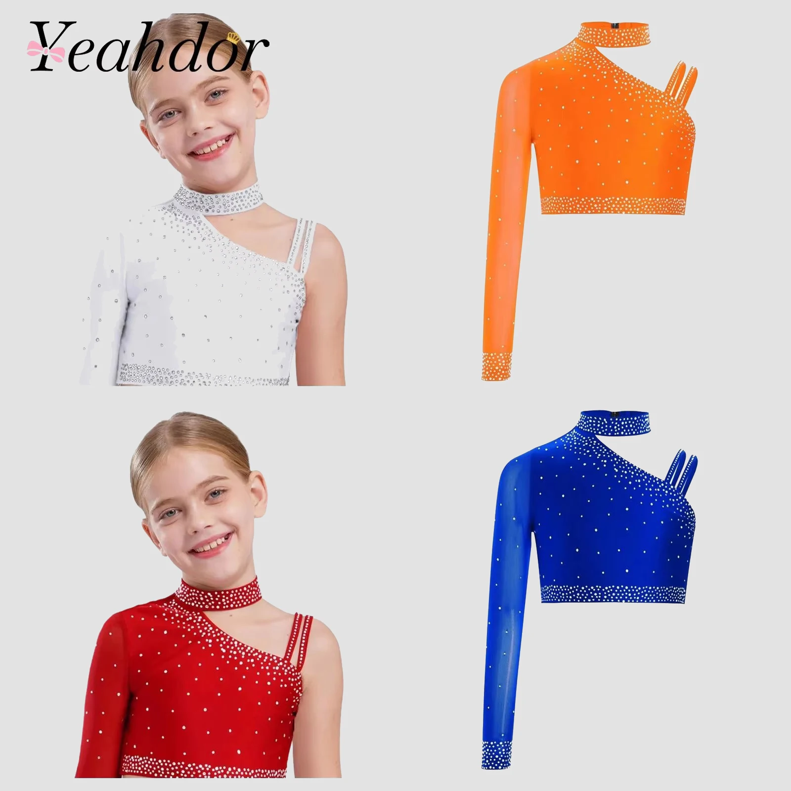 

Kids Girls Sparkly Rhinestones Dance Tops Sportswear Irregular Shoulder Crop Top Stage Performance Costume Ballet Clothes