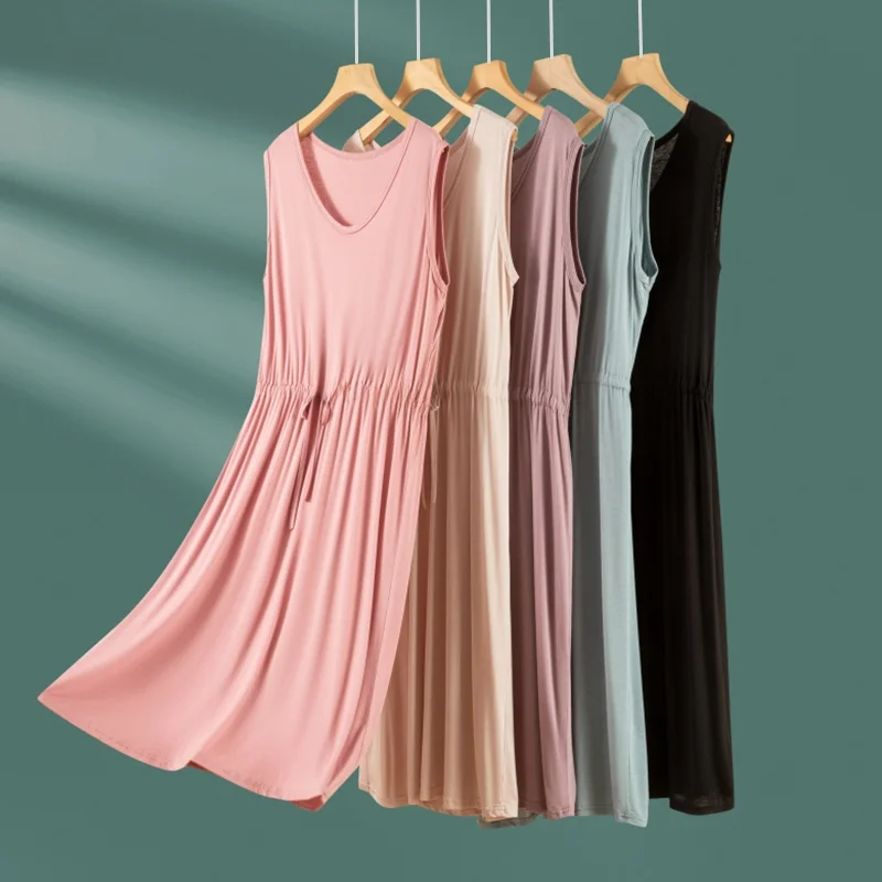 Summer Modal Drawstring Dress Women's Thin Vest Dress Sleepwear Loose A-Line Skirt Pleated Slimming Mid-Length round Neck