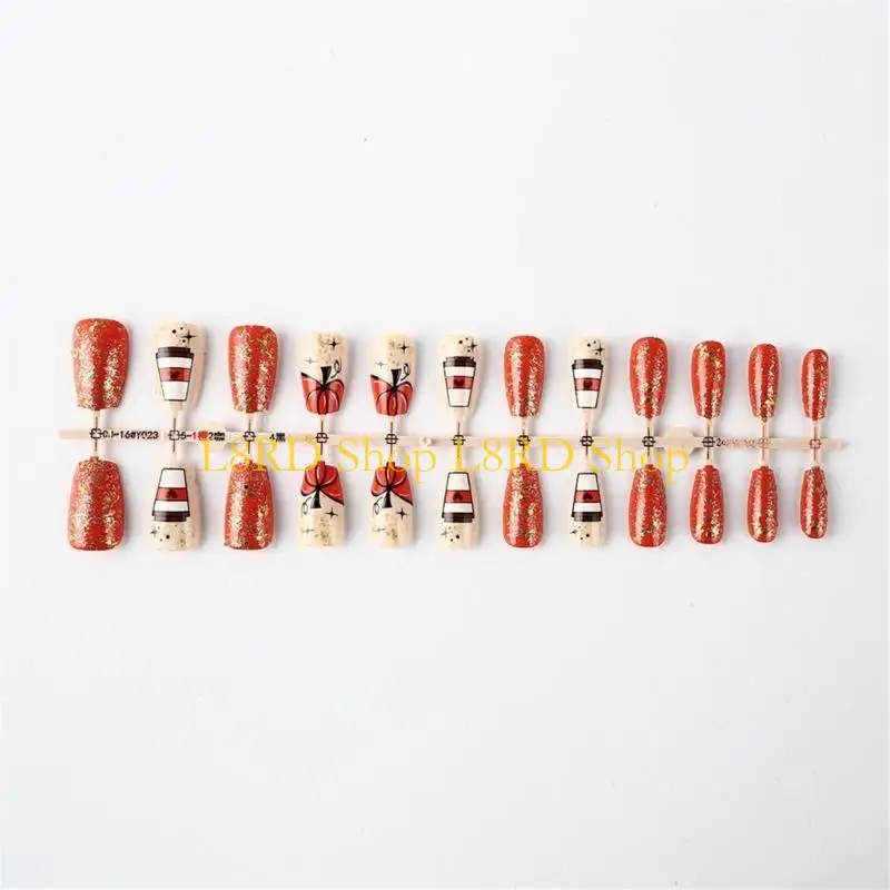 L8RD Thanksgiving Press on Nails Short Almond Glossy Full Cover Fall False Nails with Pumpkin Designs on 24Pcs