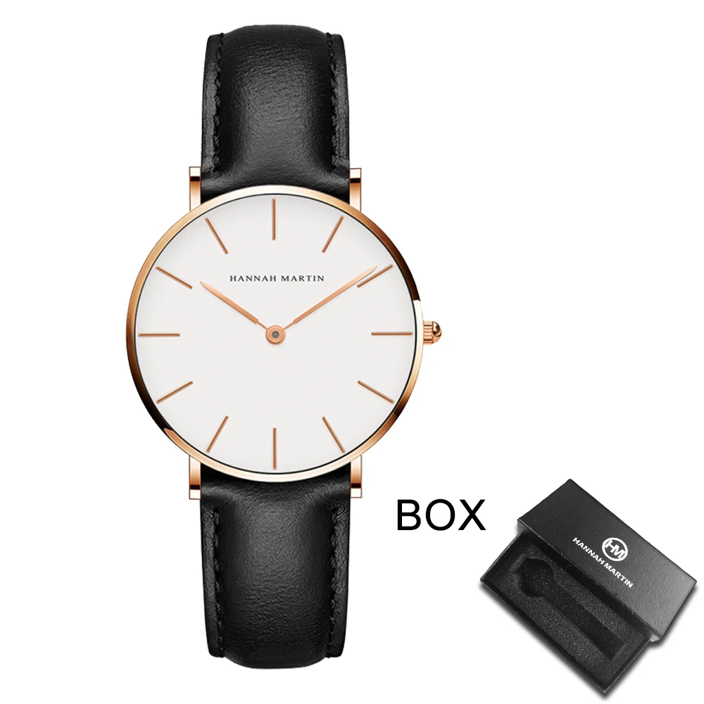 2023 Nieuwe Vrouwen Lederen Horloge 36Mm Fashion Merk Hannah Martin Quartz Waterdichte Meisjes Polshorloge Box Set Klok Logio Feminino