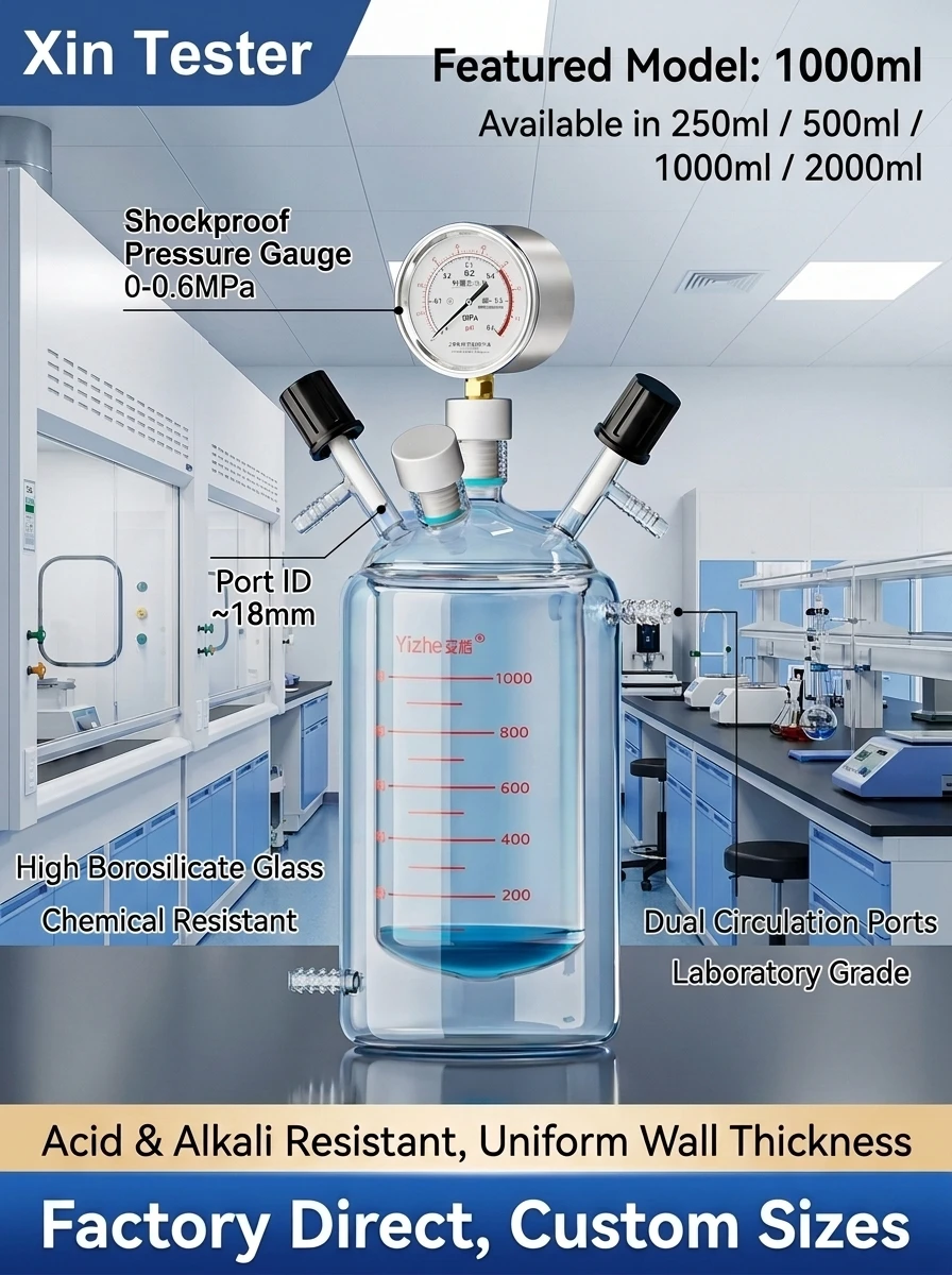 Xin Tester Graduated 4-Neck Jacketed Glass Pressure Reactor 250-2000ml Vacuum Flask 0-0.6MPa Gauge Feeding Port PTFE Valves