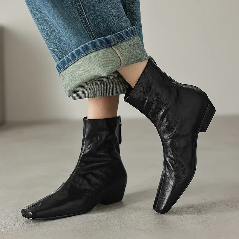 Women's Pleated Sheepskin Square Toe Side Zip 2027 New Autumn Ankle Boots 3cm Kitten Heel Elegant Ladies Short Booties Shoes