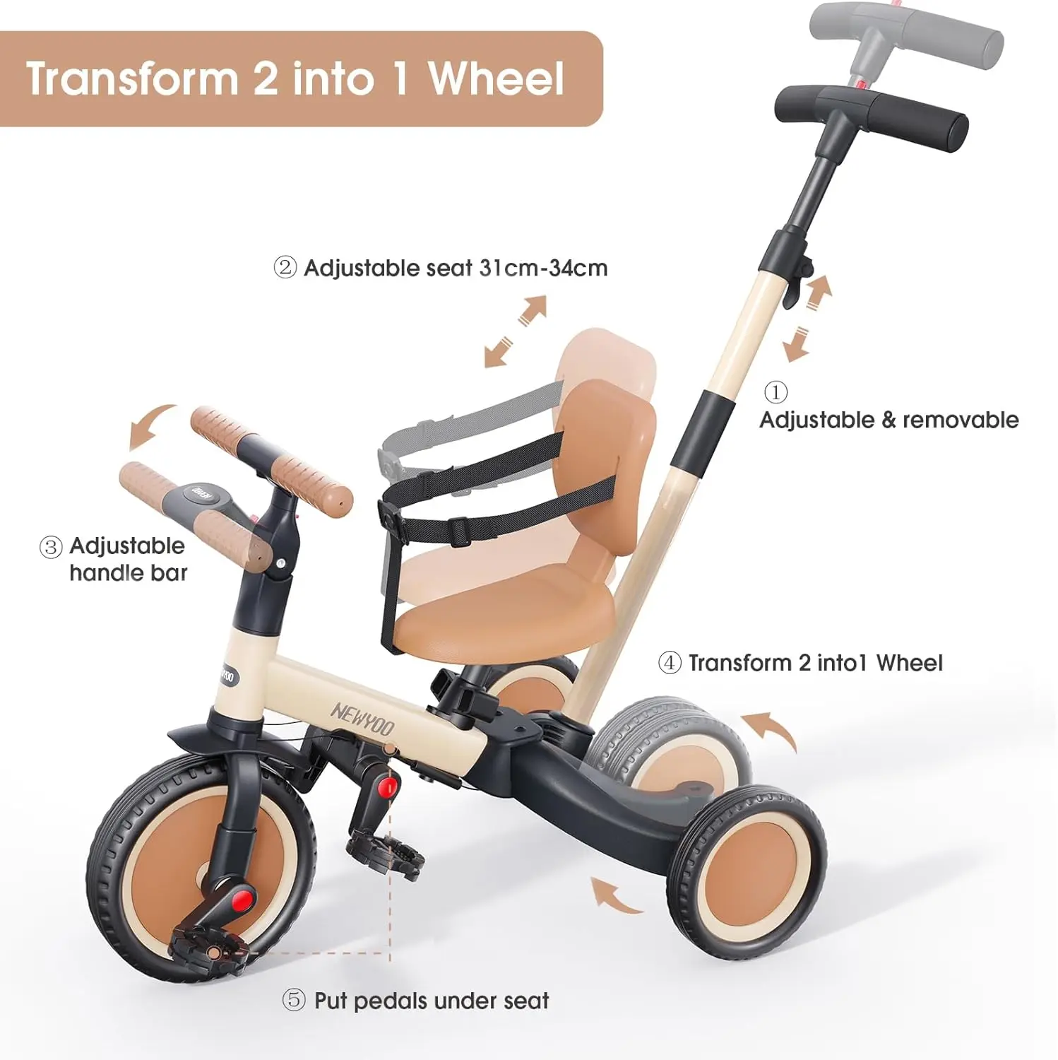 Tricycle pour tout-petits avec poignée poussoir pour 1-3 ans, vélo pour tout-petits, cadeau d'anniversaire et jouet pour garçons et filles, tricycle pour enfants 5 en 1, B