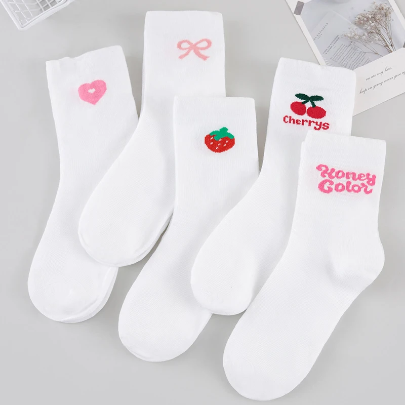 1/3/5/10/15 Pairs Random Women's Cute Sweet Style Heart Bow Fruit Letter Pattern Comfortable Breathable Mid-Calf Socks