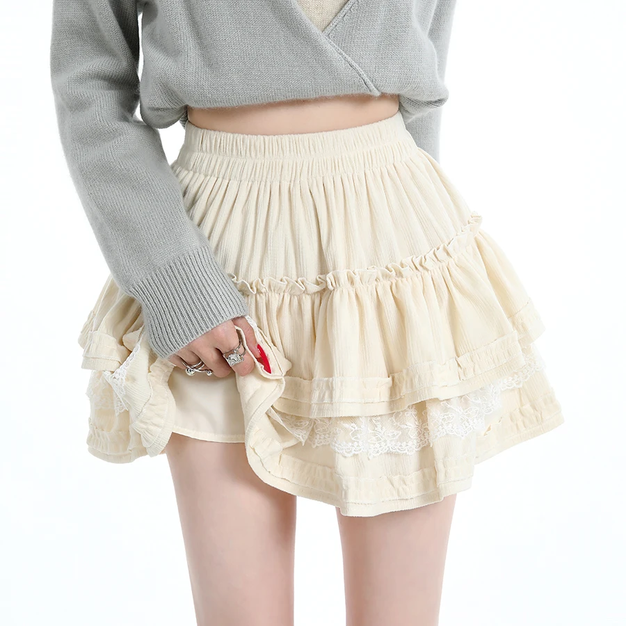 Womens Lace Cake Skirt Autumn New Style Small Stature Elastic High Waist Slimming Anti Glare A Line Fluffy Short Skirt