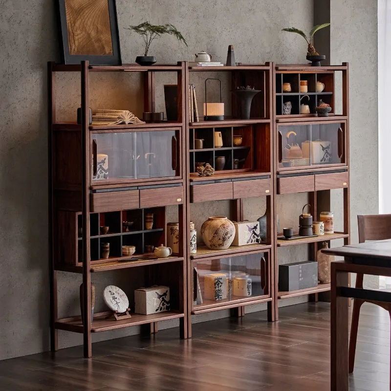 walnut combination Bogu shelf Duobao Pavilion, all solid wood tea set, tea room display cabinet, storage, living room bookshelf