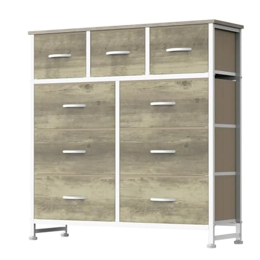 

9 Drawer Dresser for Bedroom, Fabric Storage Organizer with Sturdy Metal Frame, Wooden Top Chest of Drawers for Closet Entryway
