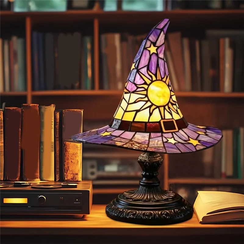 Lámpara de sombrero de bruja de resina ABXF, lámpara gótica con forma de mago, sombrero de bruja de resina alimentado por USB, adorno de luz para decoración de sala de estar y dormitorio