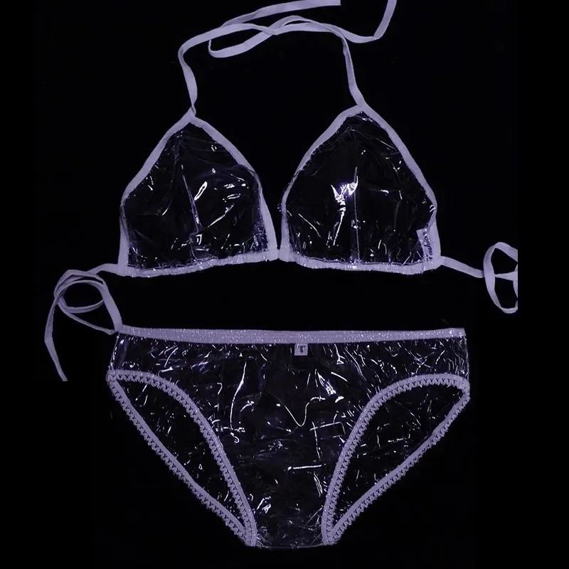 Slip sexy in plastica PVC trasparente a pois Reggiseni regolabili Mutande a vita bassa Set erotico impermeabile silenzioso e morbido