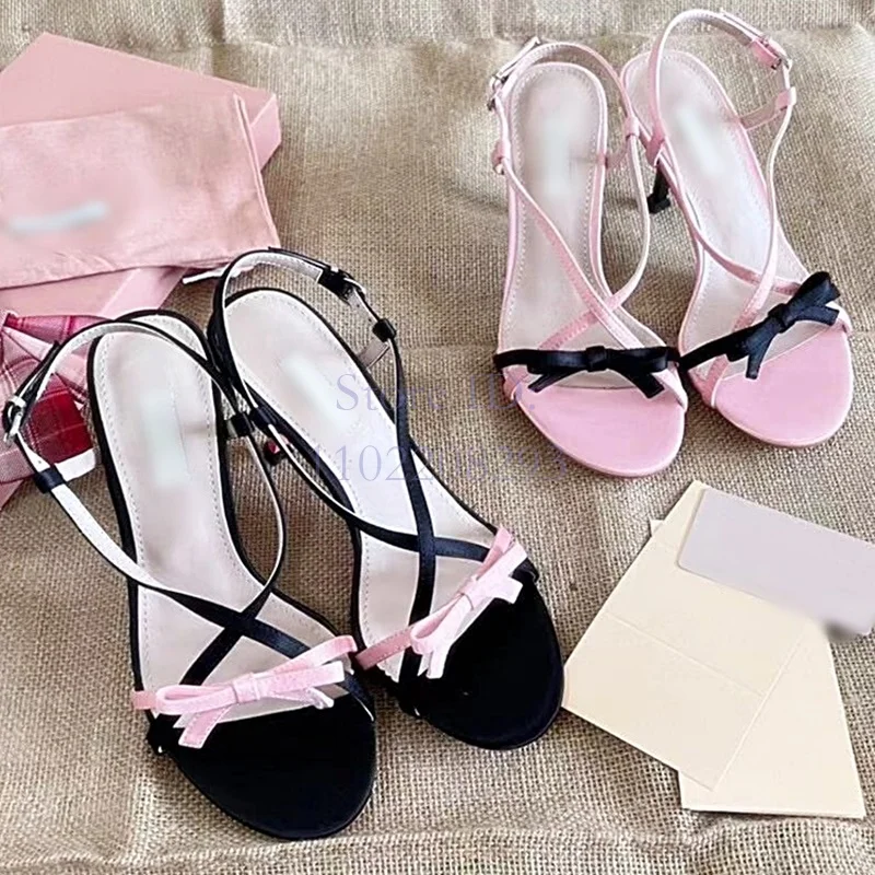 

Pink French Butterfly-knot Stiletto Sandals Open Toe Cross-tied Buckle Strange-style High Heels Women's Summer Dress Shoes 2024