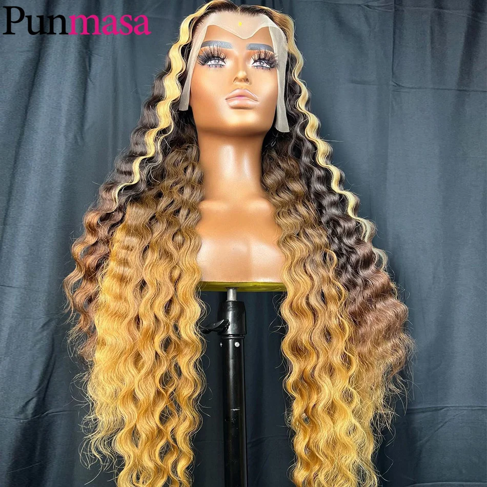 32 34" Highlight Brown 13x6 Deep Curly Lace Frontal Wig Ombre Brown Blonde Glueless 13x4 Transparent Lace Front Human Hair Wigs