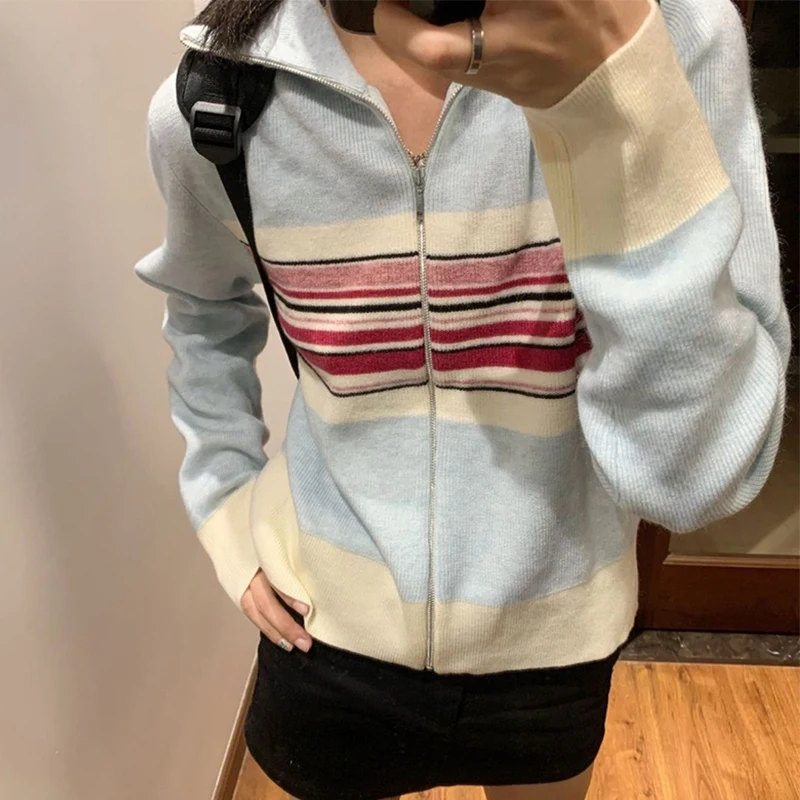 Vintage Striped Knit Cardigan Women Patchwork Sweater Coat Korean Sweet Slim Knitwears Jackets Zipper Casual Jumpers Outwear Top