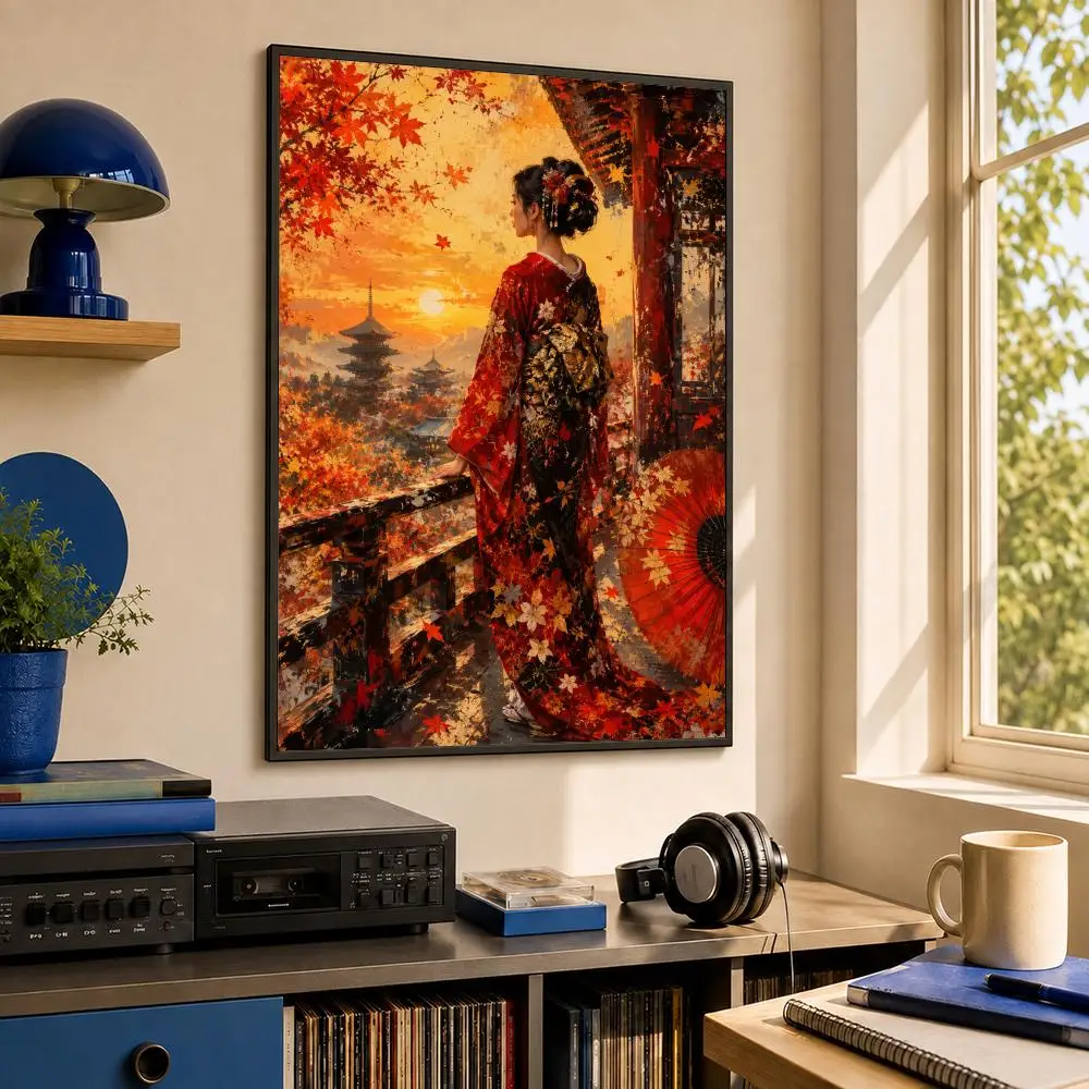 Geisha in Kimono Poster HD PP Waterproof Wall Decor for Living Room Gift