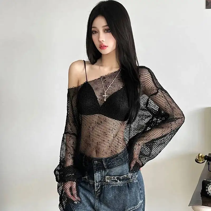 Seksowna siateczkowa koszulka damska z prześwitami, czarna, z długim rękawem, ażurowa, letnia moda streetwear, podstawowa bluzka Y K, top dla kobiet.