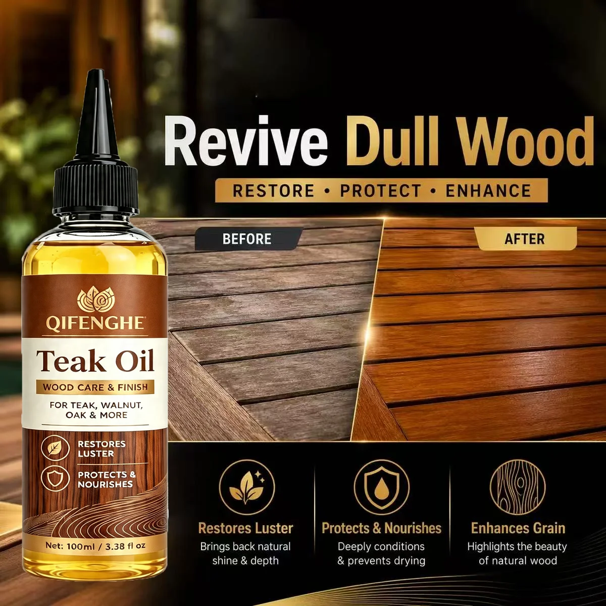 Teak Oil 100ml Wood Care Finish Oil Restore Natural Luster Nourish Protect Furniture For Teak Walnut Oak Hardwood Surfaces Maint