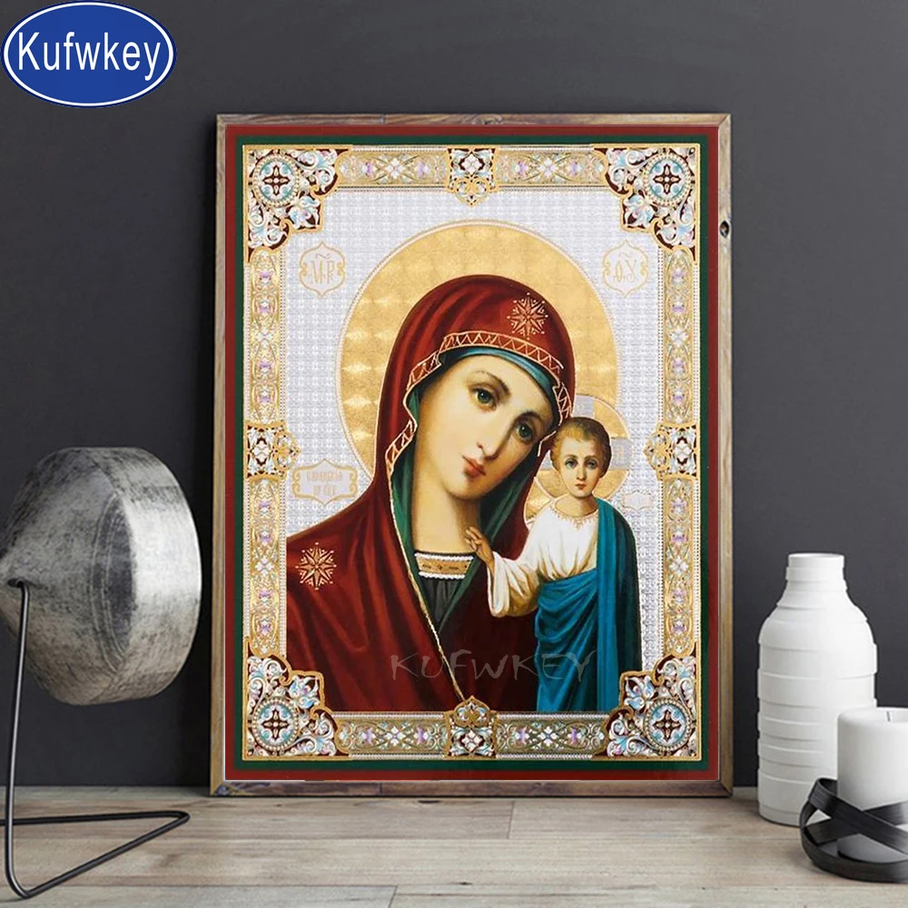 5d full square round diamond painting Virgin and Child of Kazan Orthodox Christian Icon mosaic set diamond embroidery sale,