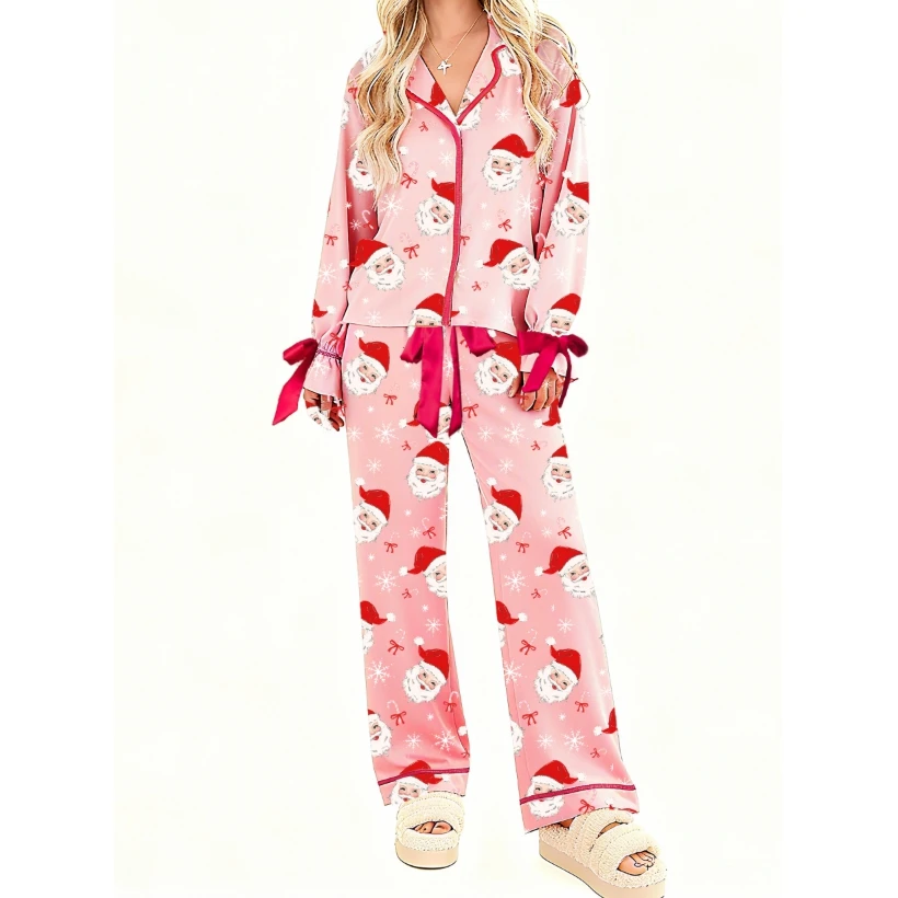 Women Christmas Pajamas Set Santa Claus Long Sleeve Tops and Pants 2 Piece Sleepwear Outfit