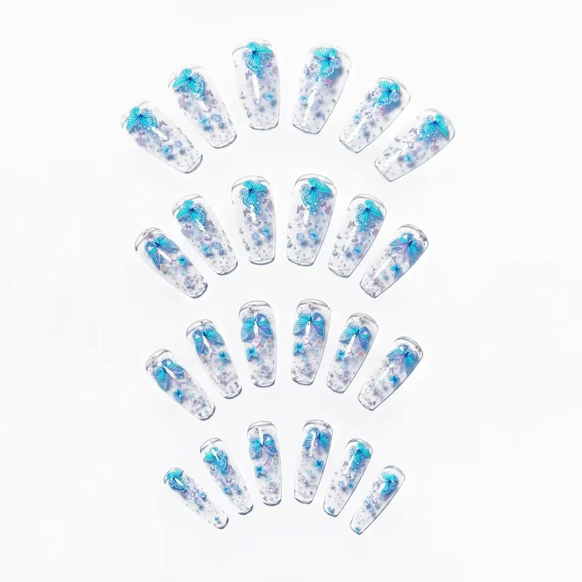 Medium fake naisl for women girls Y2K gradient blue pink butterfly mushroom flora for spring summer press on acrylic false nail image 3