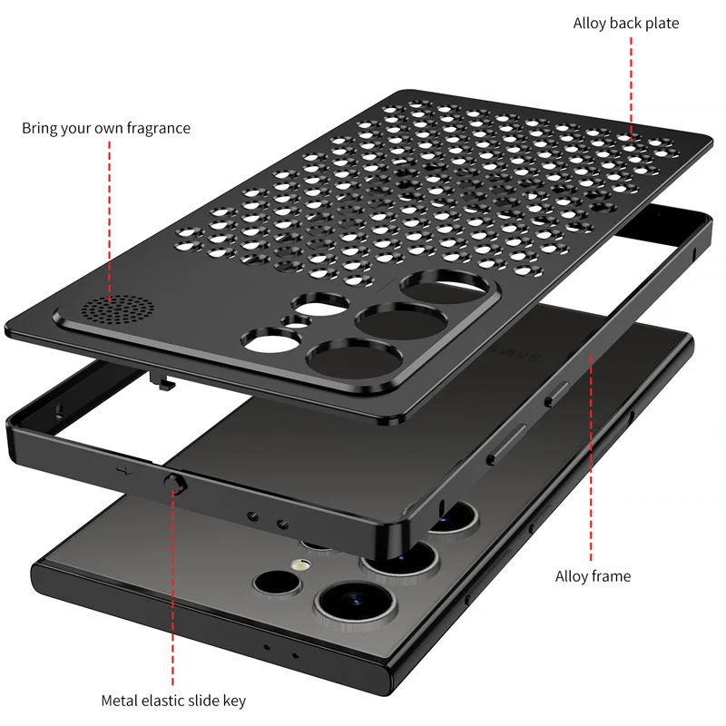 For Samsung Galaxy S23 S24 S25 S26 Ultra Metal Hollow Heat Dissipation Holes Phone Case Spring Buckle Shockproof Protect Cover