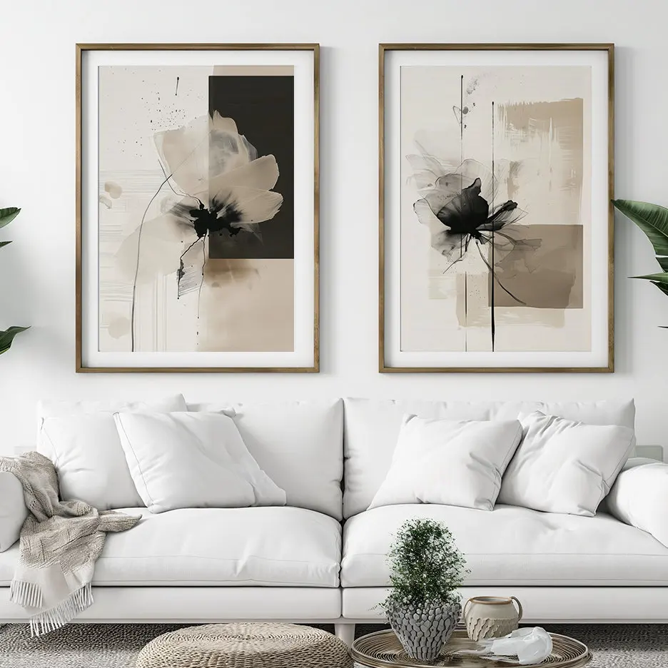 Abstract Vintage Minimalist Flower Poster Beige Black Botanical Canvas Painting Print Wall Art Decorative For Living Room Decor