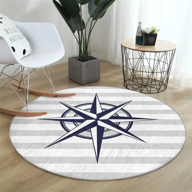 Marine Theme Round Carpet, Compass Pattern, Ship's Wheel Pattern, Anchor Area Rug, Living Room Decorative Carpet Nautical Symbol