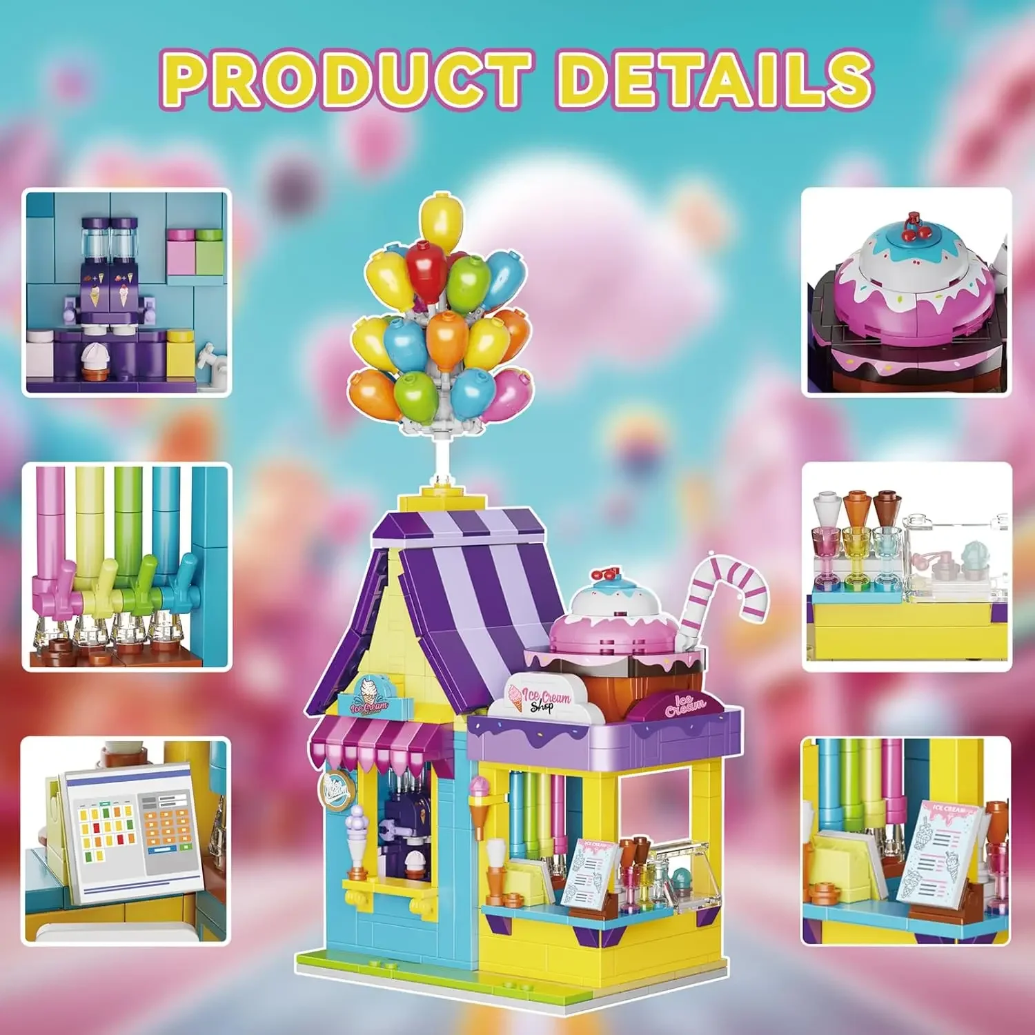 Ice Cream Shop Building Blocks Set Ice Cream Dessert Store Model Toys Castle Style with Balloons Birthday Gift Idea for Girls 6+