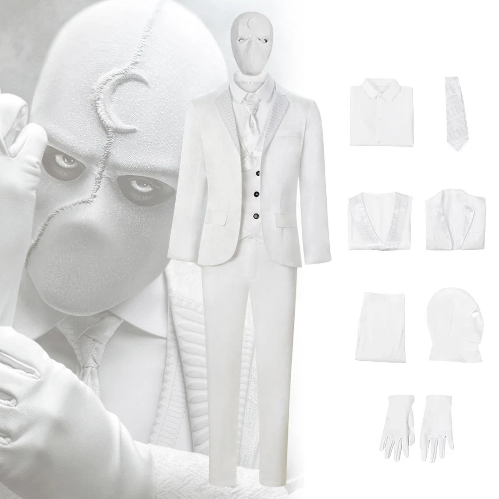 

Movie Halloween Moon Superhero Mr Knight Cosplay Costume For Men White Tie Vest Suit Headgear Mask Sets Carnival Masquerade Suit