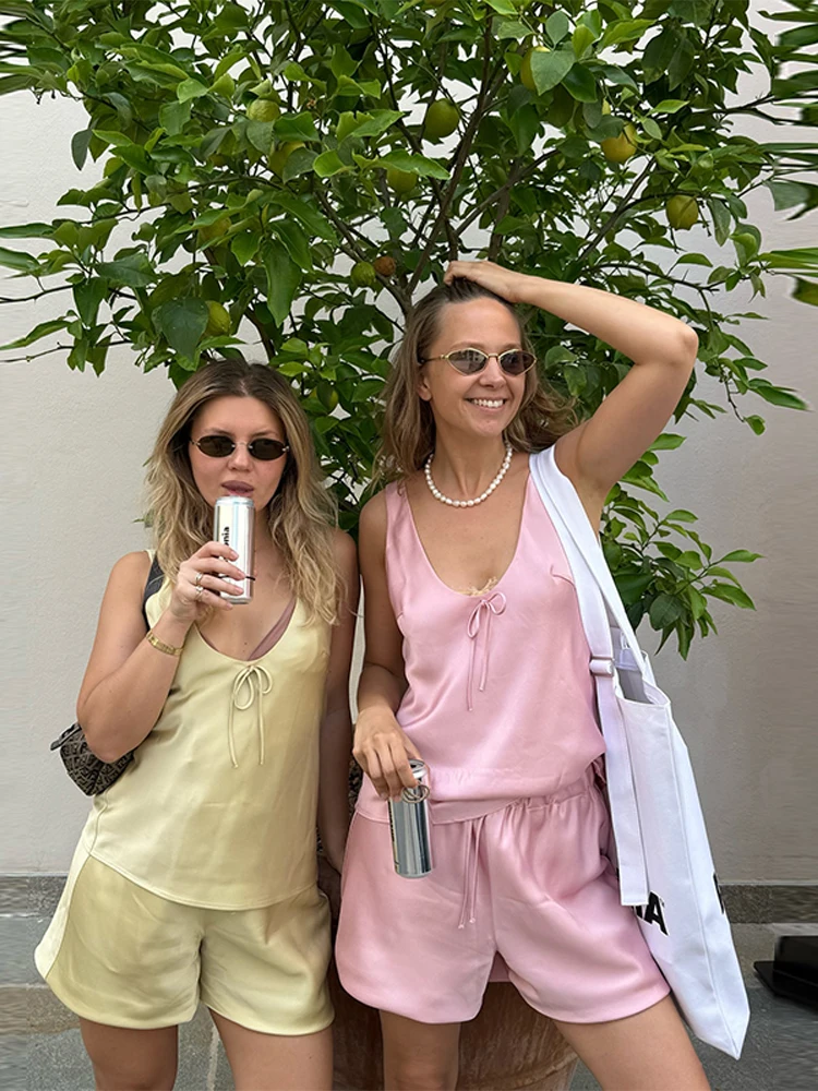 

Satin Women's Lace-up Shorts Suit Fashion Deep V Neck Sleeveless Vest Loose Shorts Set Summer Outfit Casual Two Pieces Set