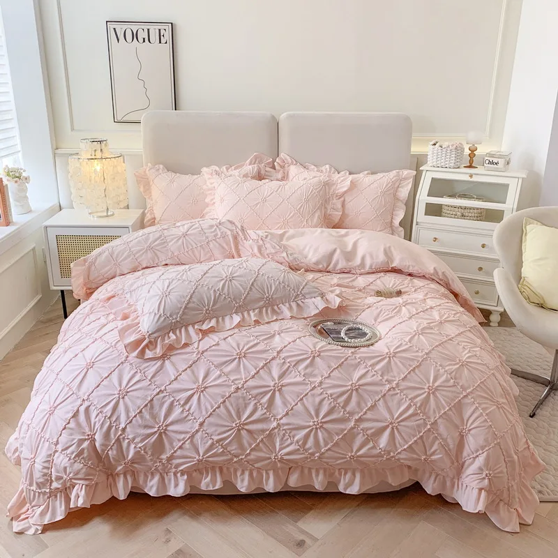 

Light Luxury Four Piece Set In Style New Korean Solid Color 3D Pull Flower Princess Style Girl Heart Bed Sheet