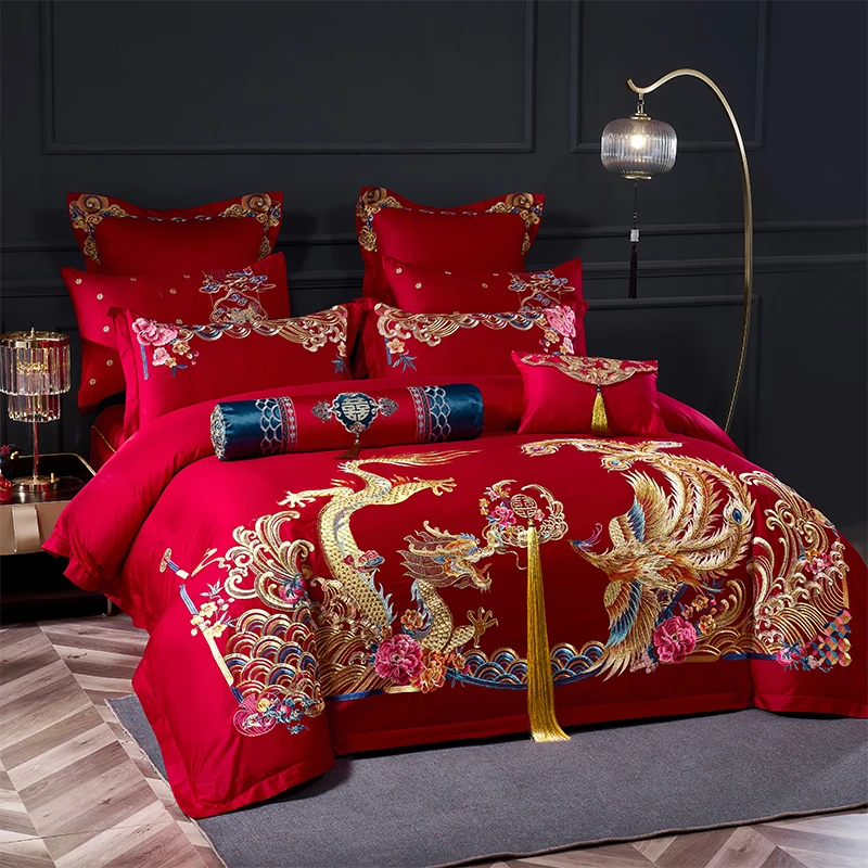 

Golden Loong Phoenix Embroidery Bedding Set Luxury Chinese Wedding Red Egyptian Cotton Tassels Duvet Cover Bed Sheet Pillowcases