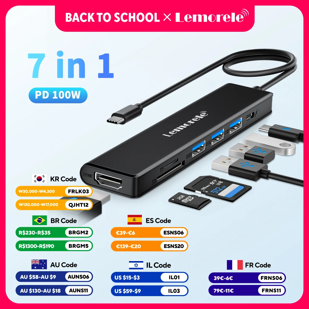 Lemorele TC70 7in1 USB C HUB Type C 3.0 Docking Station HDMI 4K@30Hz 100W PD SD/TF Slot Fast Transfer for Laptop Macbook Windows