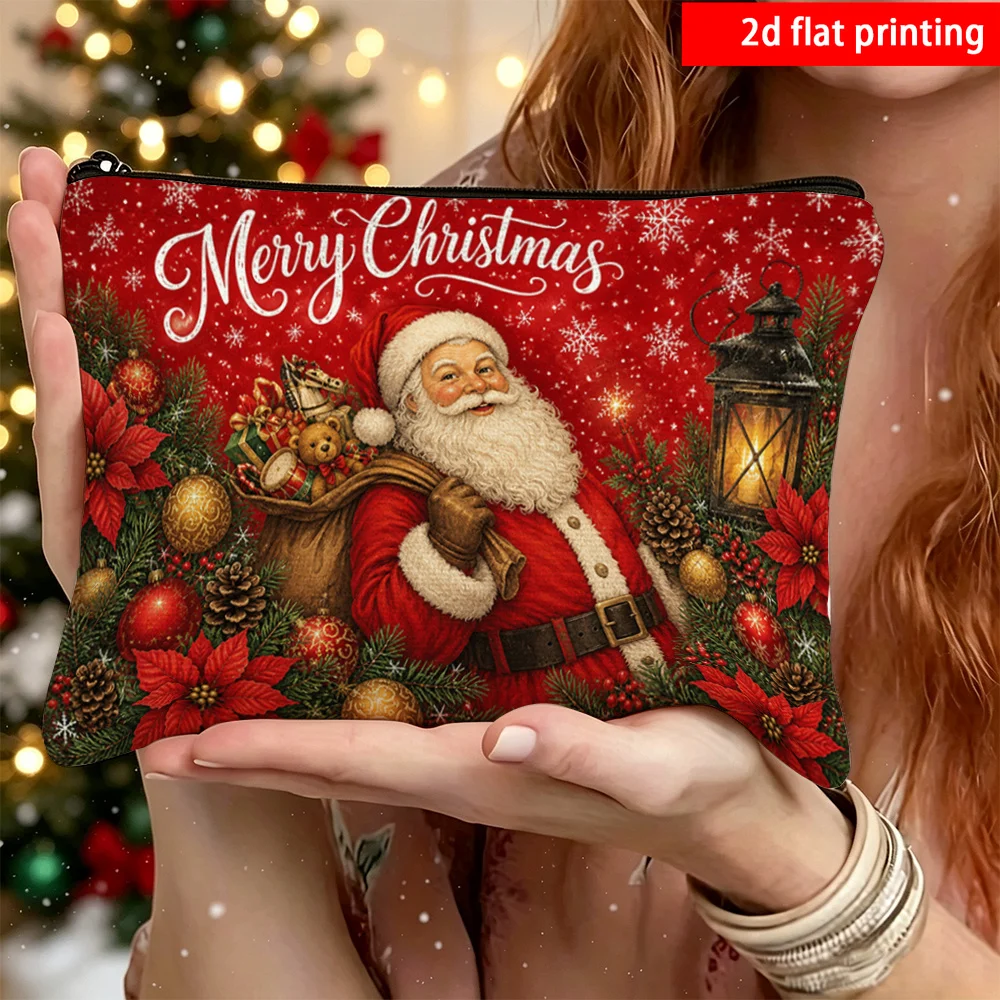 Merry Christmas Cosmetic Bag Santa Claus Gift Bag Lantern Floral Zipper Makeup Pouch Travel Storage Bag Holiday Gift For Women