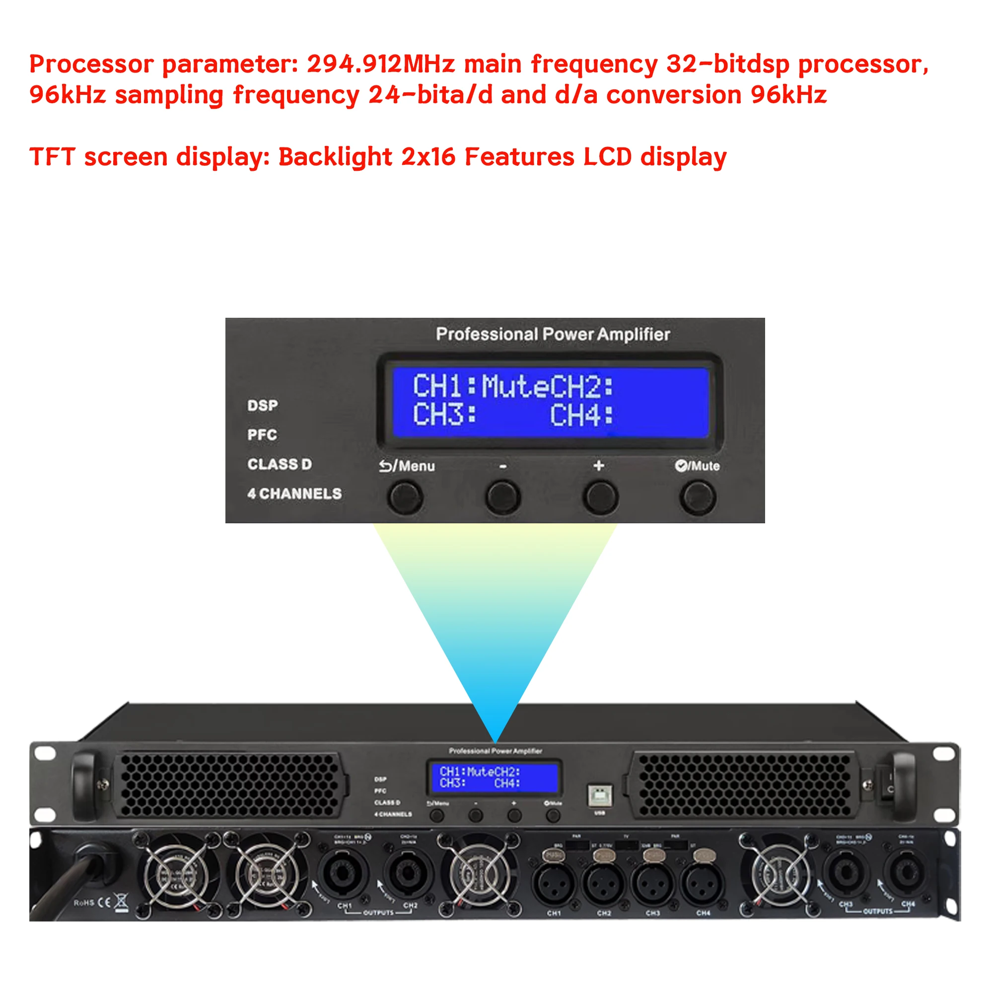 Professional Audio Power Amplifier 4 Channel DSP Digital Power Amplifier Line Array Sound System DJ Audio Speaker Subwoofer