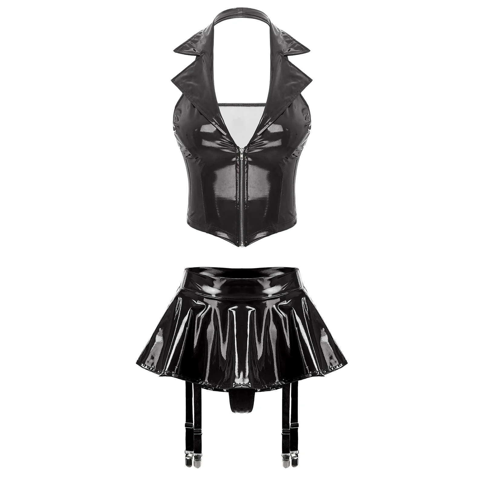 Womens Wet Look Patent Leather Halter Vest with Miniskirt Built-in Thongs Garter Clips Party Pole Dance Sexy Lingerie Clubwear