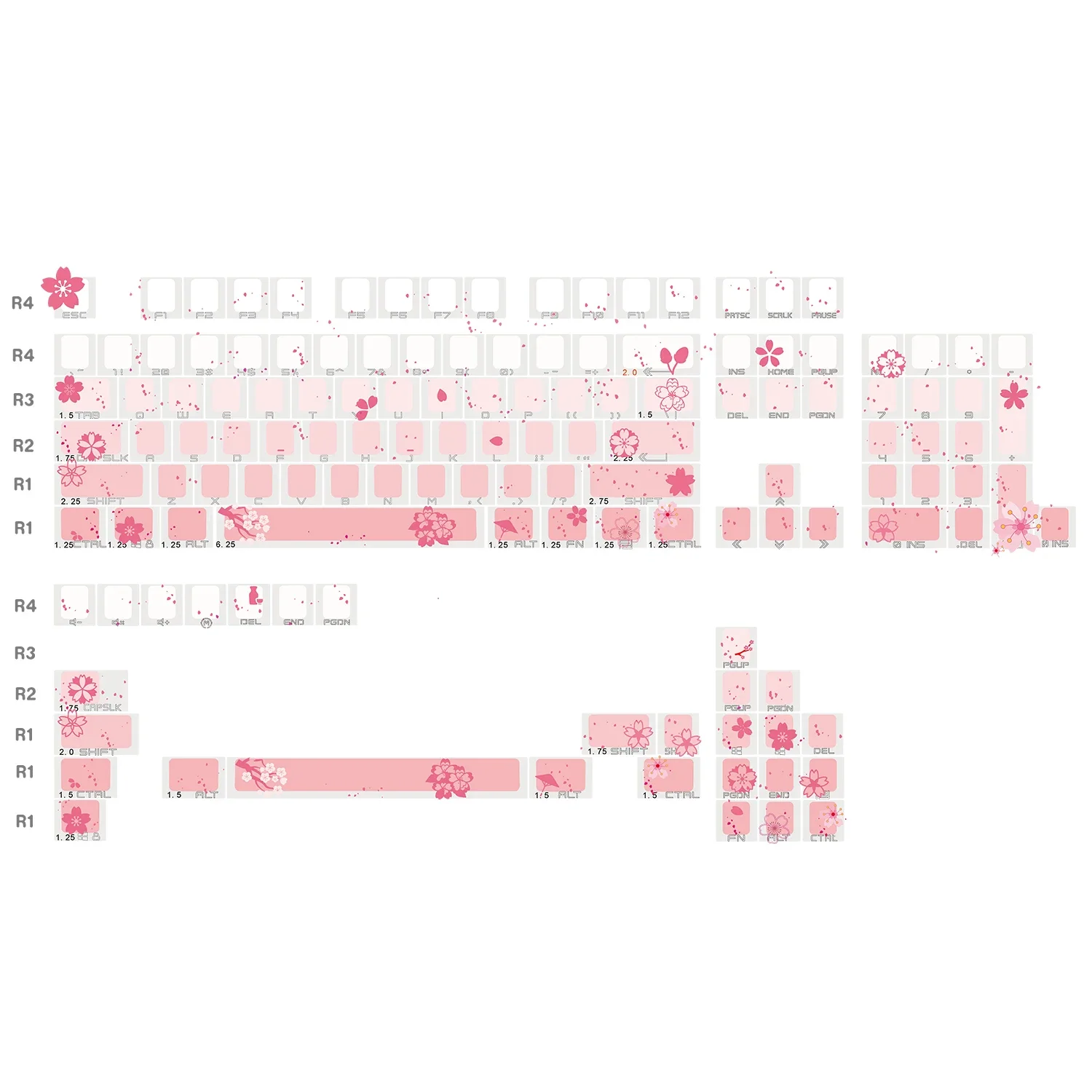 Sakura Colorful, Pink Side Engraved Transparent OEM Keycap 68 75 84 87 104 8.0 Mechanical Keyboard