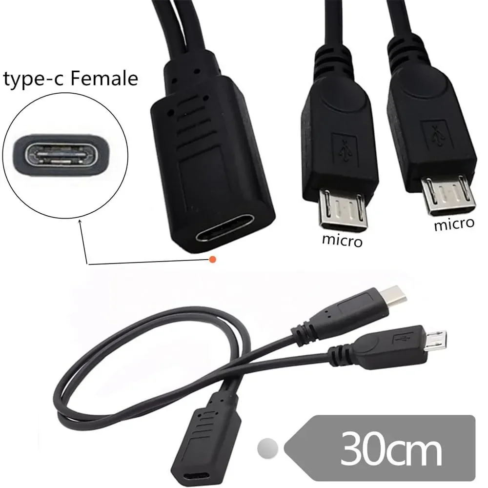 USB 2.0 Type-C Female to Dual Micro-USB 5Pin Male Splitter Extension Cable DC 5V Charging Power Supply Cord for Android Phone