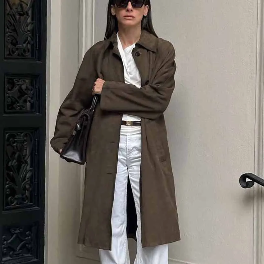 2025 Spring Summer Long Suede Jacket for Women Casual Versatile Vintage-Inspired Brown Long-Sleeve Workwear Trench Outwear