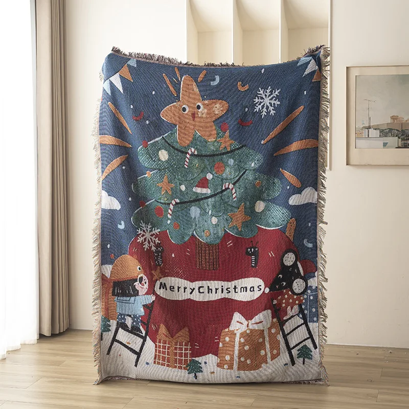 Textile City Christmas Tree Jacquard Throw Blanket Cute Dog Woven Tapestry Cozy Sofa Throw Festive Holiday Decorative Throw