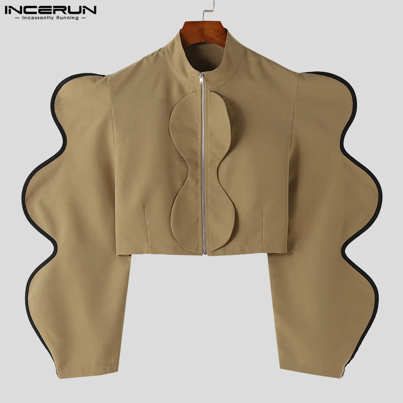 2024 Men\'s Blazer Patchwork Stand Collar Long Sleeve Zipper Fashion Casual Suits Men Streetwear Loose Crop Coats S-5XL INCERUN