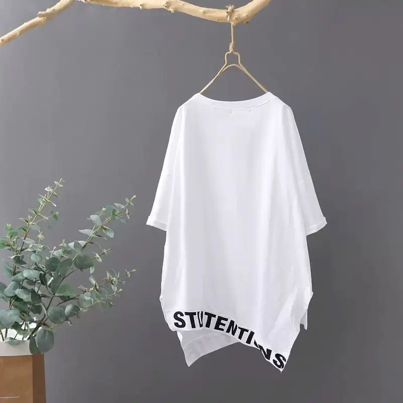 100% Cotton T Shirt Women Fashion Design Niche Letter Round Neck T-shirt Short-sleeved Mid-length Loose Casual Summer Tshirts