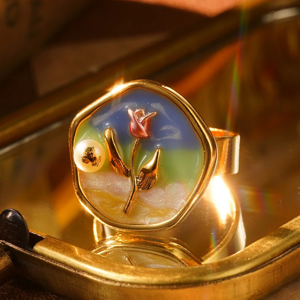 Pierścionki w stylu vintage, francuskie romantyczne, dla kobiet, barokowe, z perłami, emalią, luksusowa biżuteria, obraz olejny, róża, motyl, elegancki prezent.