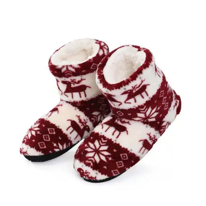 2024 Winter Women Warm Slipper House Fluffy Christmas Elk Fur Cotton Plush Skid Anti Indoor Flat Fuzzy Female Shoes Home Boots