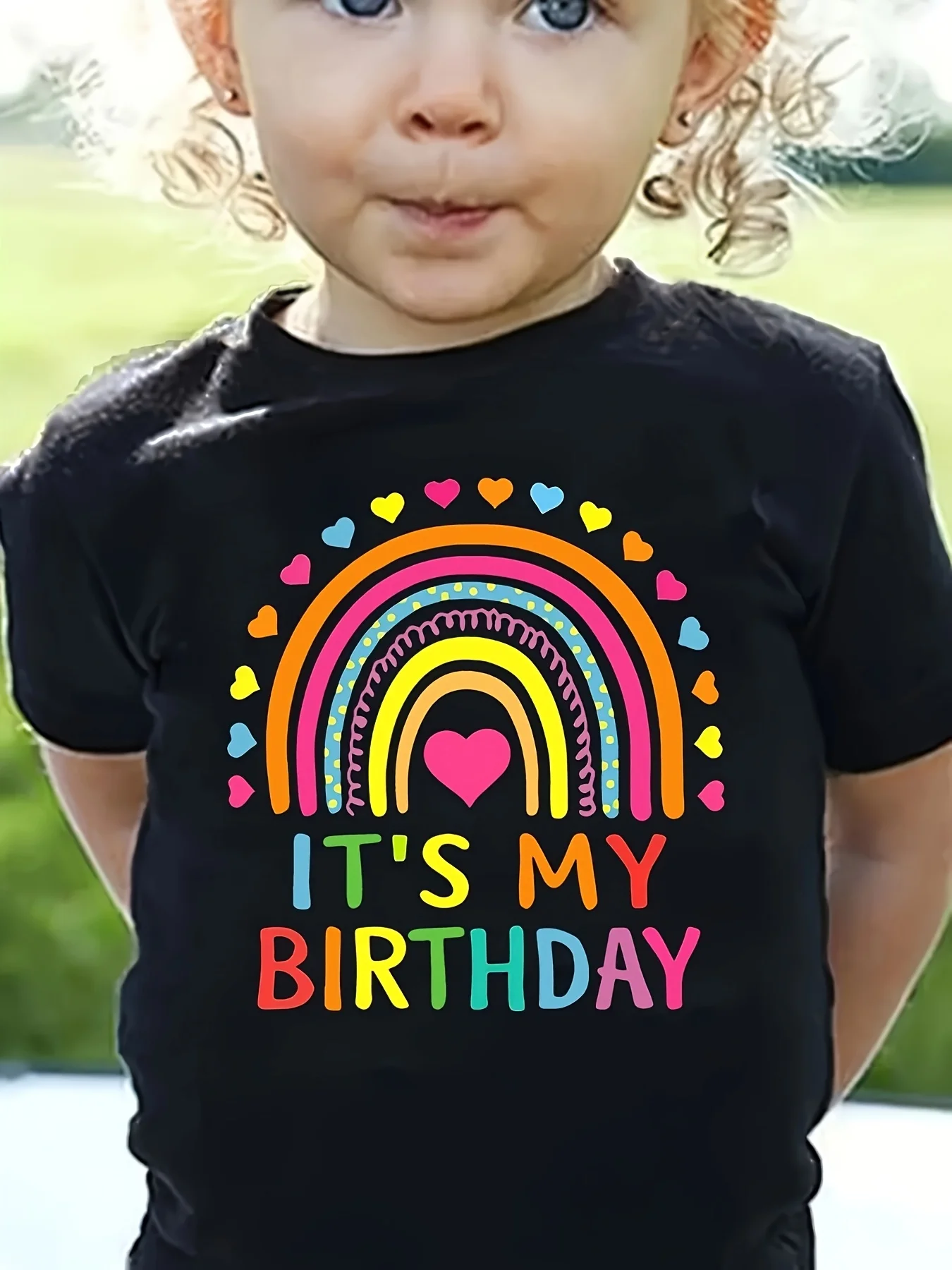 

Cute Cartoon Pattern Rainbow Print Crew Neck T-Shirt Medium Stretch Regular Fit Top for Ages 8 and Under Summer Season