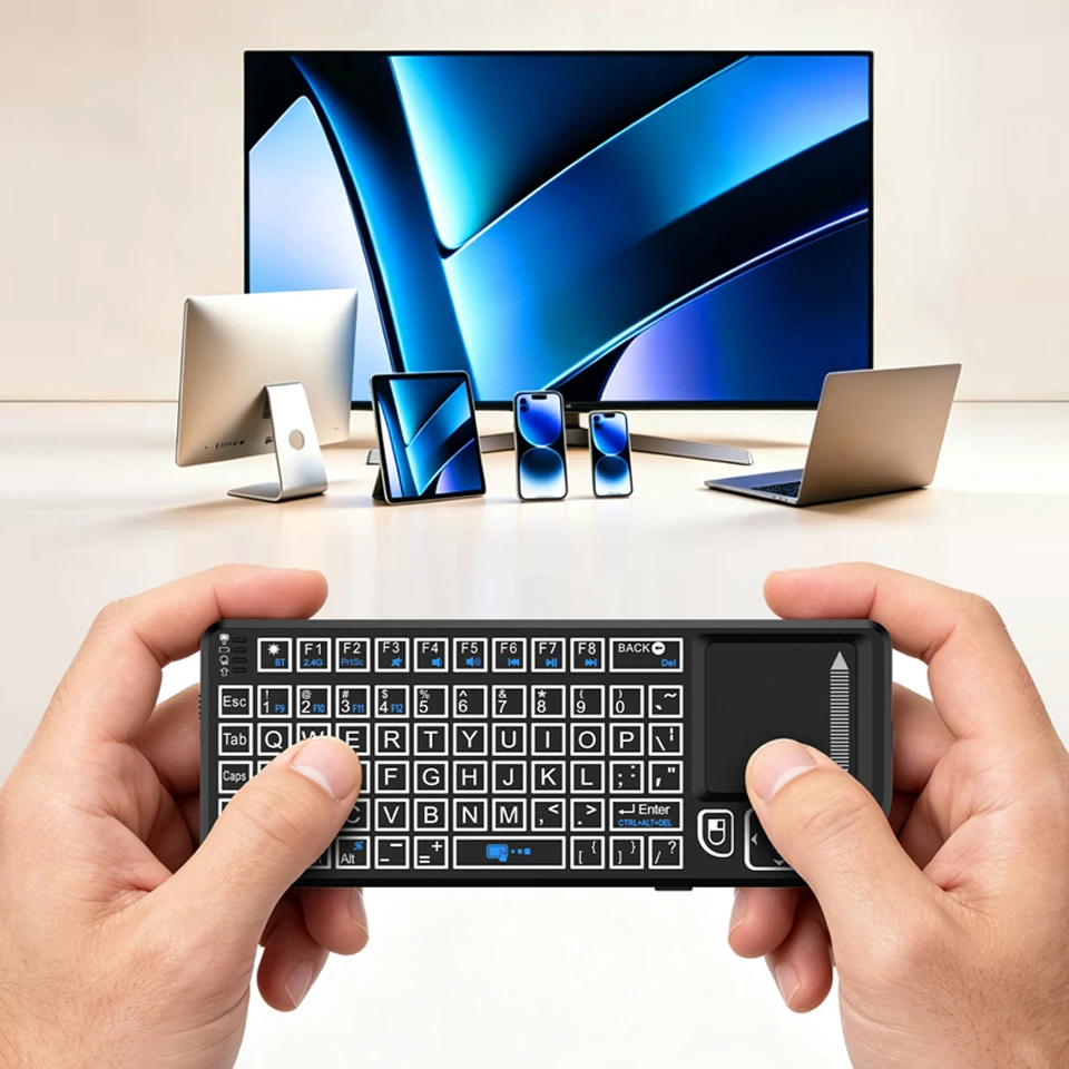 OUTMIX Mini Keyboard Backlit 2.4GHz & Bluetooth 5.0 Wireless Keyboard with Touchpad for Android TV Box, Mac, Laptop, Windows
