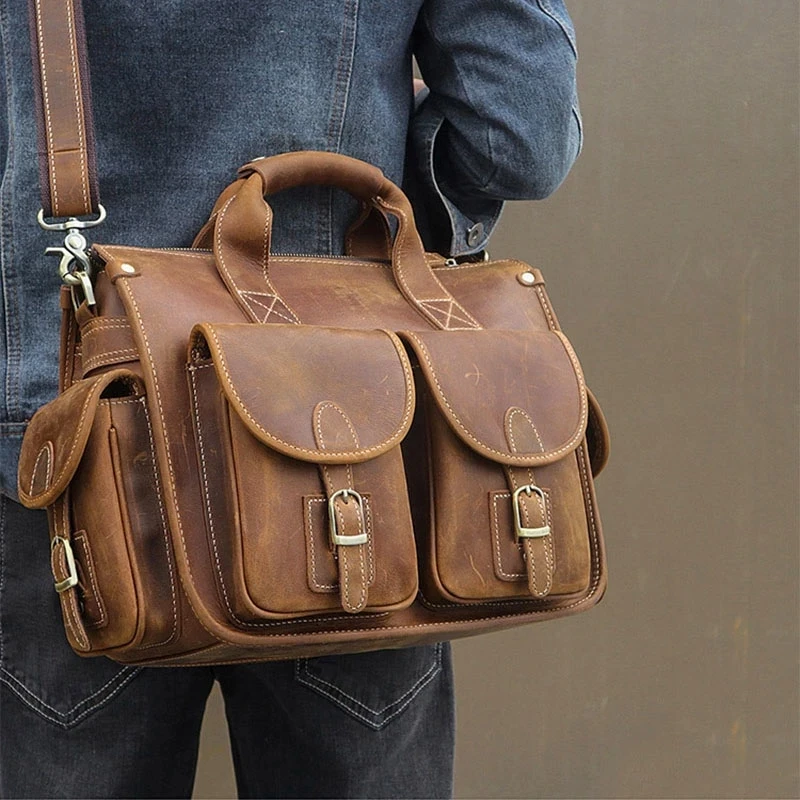 Vintage Crazy Horse Lederen Mannen Aktetas 15 "Laptop Business Tote Koe Schouder Messenger Bag Kantoor Handtas Portfolio