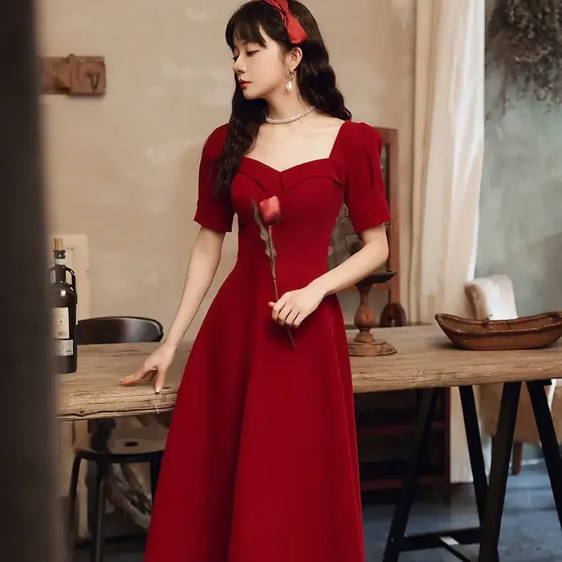 

Summer Vintage Women Chic Square Collar Red Slim Party Dresses Lady French Elegant Short Sleeve Wedding Dress Female Vestidos